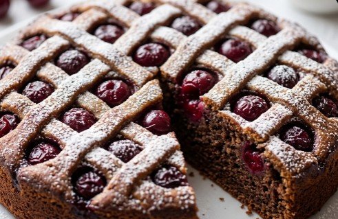 Starinska Pita sa Višnjama: Tradicionalni Prhki Kolač sa Čokoladnim Biskvitom i Mrežicom