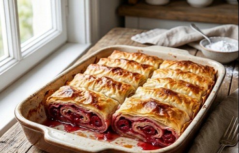 Tradicionalna Sočna Pita sa Višnjama i Grizom: Lisnati zaliveni rolati iz pećnice