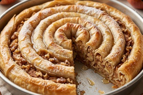 Tradicionalna Jabukovača sa Orasima: Hrskava i sočna starinska pita od jabuka u obliku velike spirale