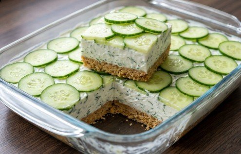 Osvežavajuća Slojevita Salata sa Krastavcima: Dekonstruisani slani čizkejk sa grčkim jogurtom i mirodžijom