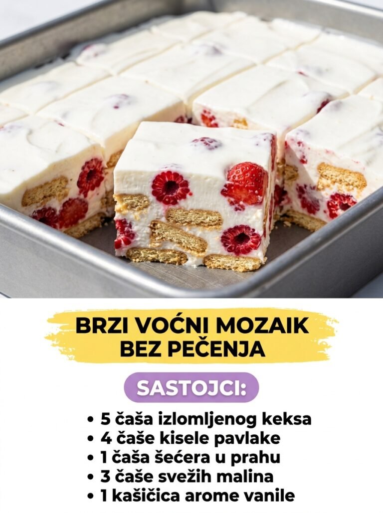 Brzi voćni mozaik bez pečenja sa malinama, keksom i kiselom pavlakom