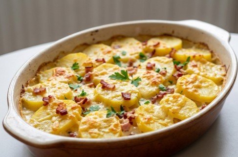 Kremasti Zapečeni Krompir sa Dimljenom Slaninom i Kačkavaljem