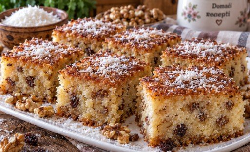 Sočne Kokos Kocke: Starinski Recept za Zaliveni Biskvit sa Orasima