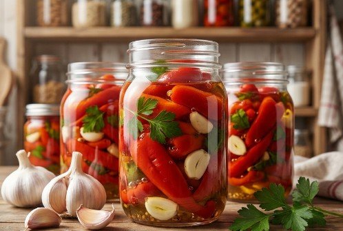 Domaće Pečene Paprike sa Belim Lukom za Zimu – Cepkana Salata u Uljanoj Marinadi