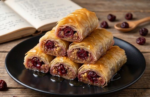 Tradicionalna Baklava sa Višnjama i Mlevenim Keksom – Rolovana Voćna Poslastica