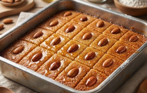 Tradicionalna Basbousa sa Bademima – Sočni Orijentalni Griz Kolač iz Pleha